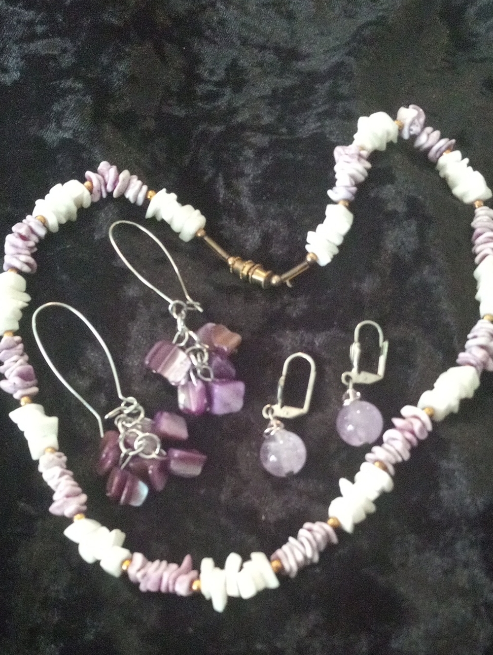 Purple and White Shell Chip Necklace with Matching Purple Earrings